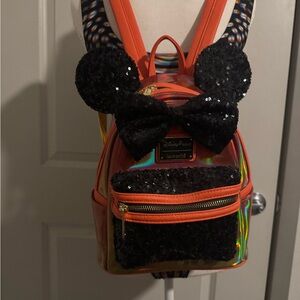 Disney Loungefly Halloween Minnie Mini Backpack – Holographic Orange & Black